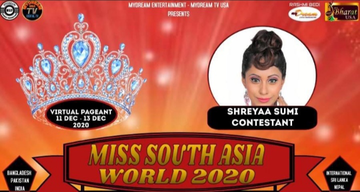 Shreyaa Sumi Wins the Title Radiant Beauty Miss south Asia world 2020