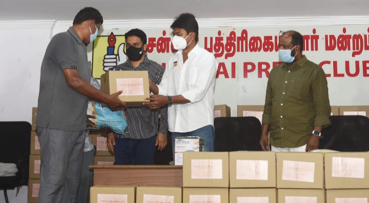 The Bless India charitable initiative to provide covid safety Kit to 15000 Frontline workers Families launched by MLA Udhayanidhi Stalin & Dr.K.Abdul Ghani at Chennai press club