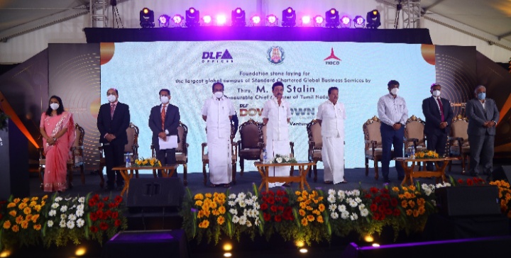 HON’BLE CHIEF MINISTER OF TAMIL NADU, THIRU M.K STALIN LAYS FOUNDATION STONE FOR STANDARD CHARTERED GLOBAL BUSINESS SERVICES LARGEST OFFICE CAMPUS GLOBALLY IN DLF DOWNTOWN, TARAMANI