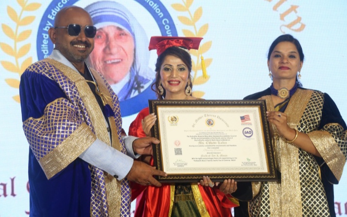 Mrs.chhavi Kalra obtained Prestigious Doctorate in art & music on behalf of  St. Mother Therasa University, Australia, affiliated to Cambridge School of Distance Education, UK Recommended by IMW John Amalan at Hillton