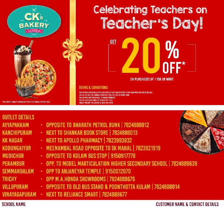 CK’s Bakery rolls out Exciting Offers for Teacher’s Day ; Opens Brand-New 2.0 Outlet in Kodungaiyur